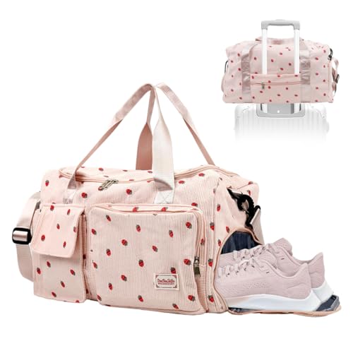 PALAY® Women Duffle Bag Gym Bag with Shoe Compartment Cute Pink Strawberry Prints Corduroy Travel Bag with Removable Shoulder Strap Multi-pocket Duffle Bag for Travel, Gym Session, Camping, 48x24x27cm PALAY® Women Duffle Bag Gym Bag with Shoe Compartment Cute Pink Strawberry Prints Corduroy Travel Bag with Removable Shoulder Strap Multi-pocket Duffle Bag for Travel, Gym Session, Camping, 48x24x27cm